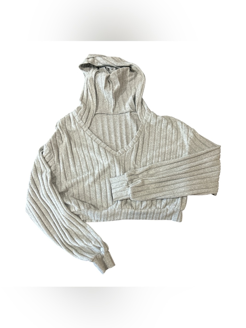 SHEIN Ribbed V-Neck Hoodie Sweater in Light Gray Sz S